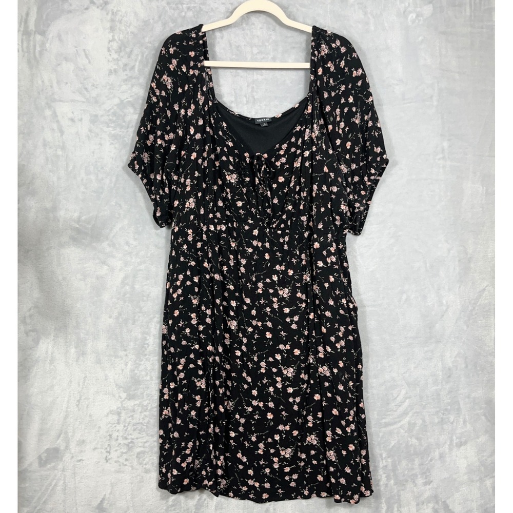 Torrid Womens Midi Dress 3X Black Floral Tie Front Babydoll Short Sleeve Cottage